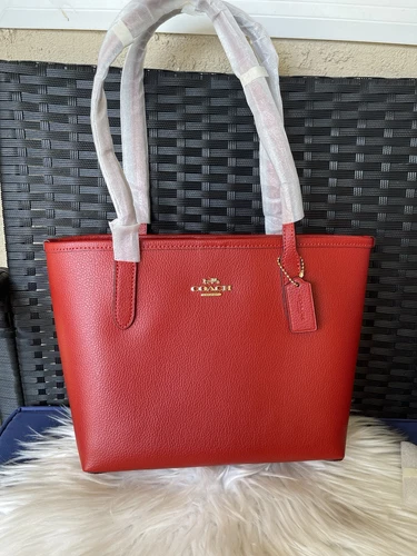 Borsa a tracolla Coach Small City Tote in pelle double face oro rosso audace nuova con etichetta