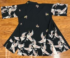Japanese Haori Kimono Jacket Birds Floral midi long robe Black white silk blend