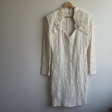 Vtg Beaded Lace Art Deco Midi Ivory Wedding Dress Rehearsal Size 14 Coquette