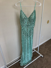 Mint Green Sequin Beaded Formal Gown with Fringe and Beaded Straps Elegant Dress