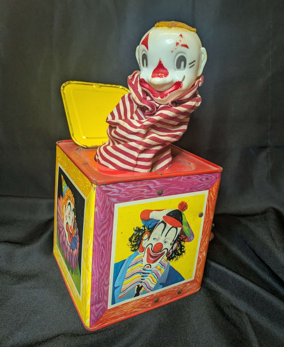 Vintage 1953 Matty Mattel Jack In The Box Wind Up Toy Clown Tin