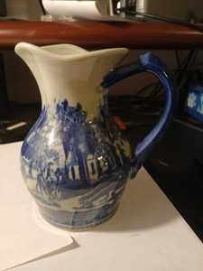 Vintage Victoria Ware Ironstone Pitcher Flow Blue Octagonal Old World Town Scene