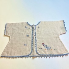Vtg Infant Baby Soft Flannel Hand Embroidered Cream Blue w/Hen and Chicks