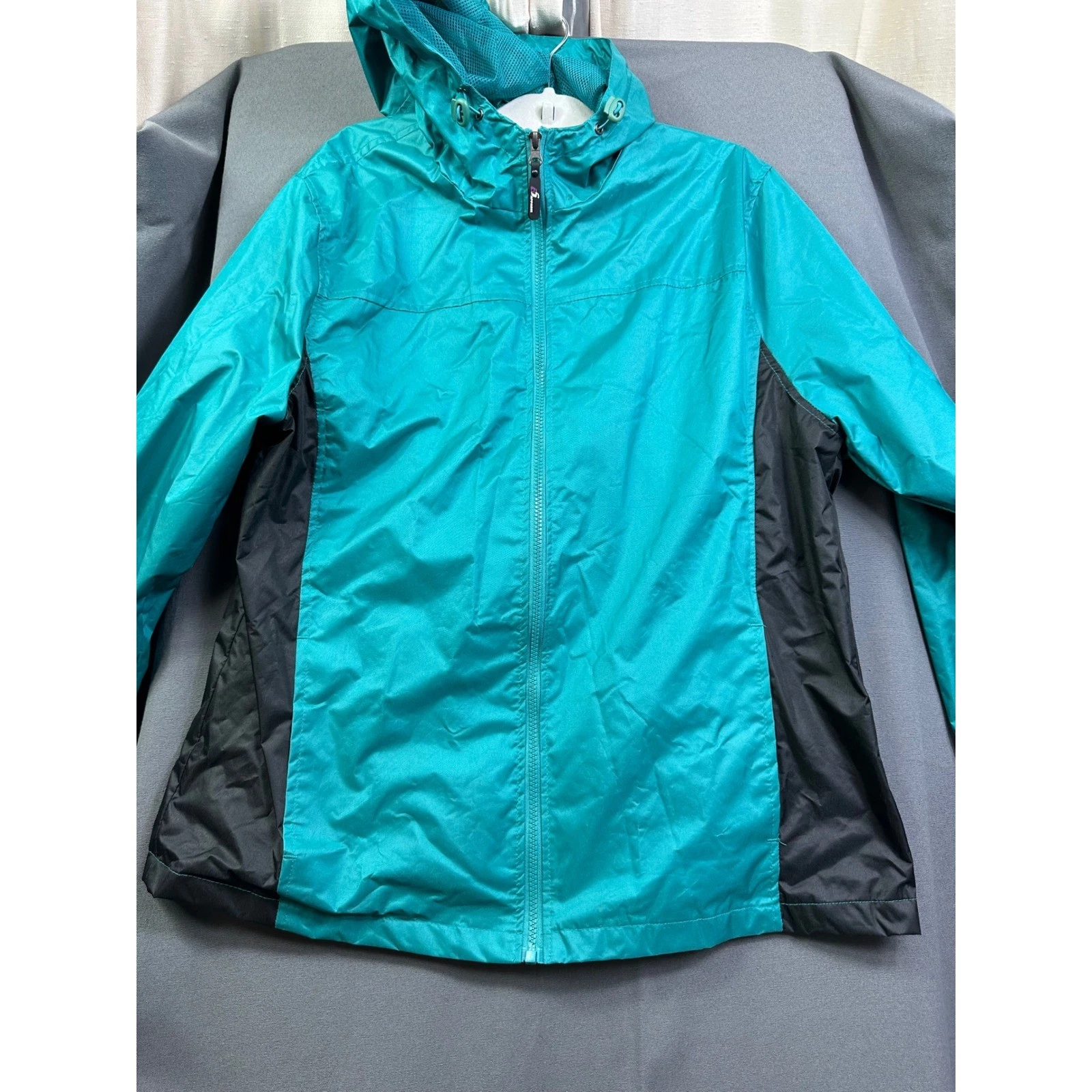 i5 Apparel Windbreaker Rain Jacket Teal Black Full Zip Hooded Mesh Lined XXL