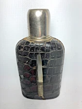 Antique CF Rumpp & Sons Pocket Hip Flask Crocodile Leather Wrapped Glass