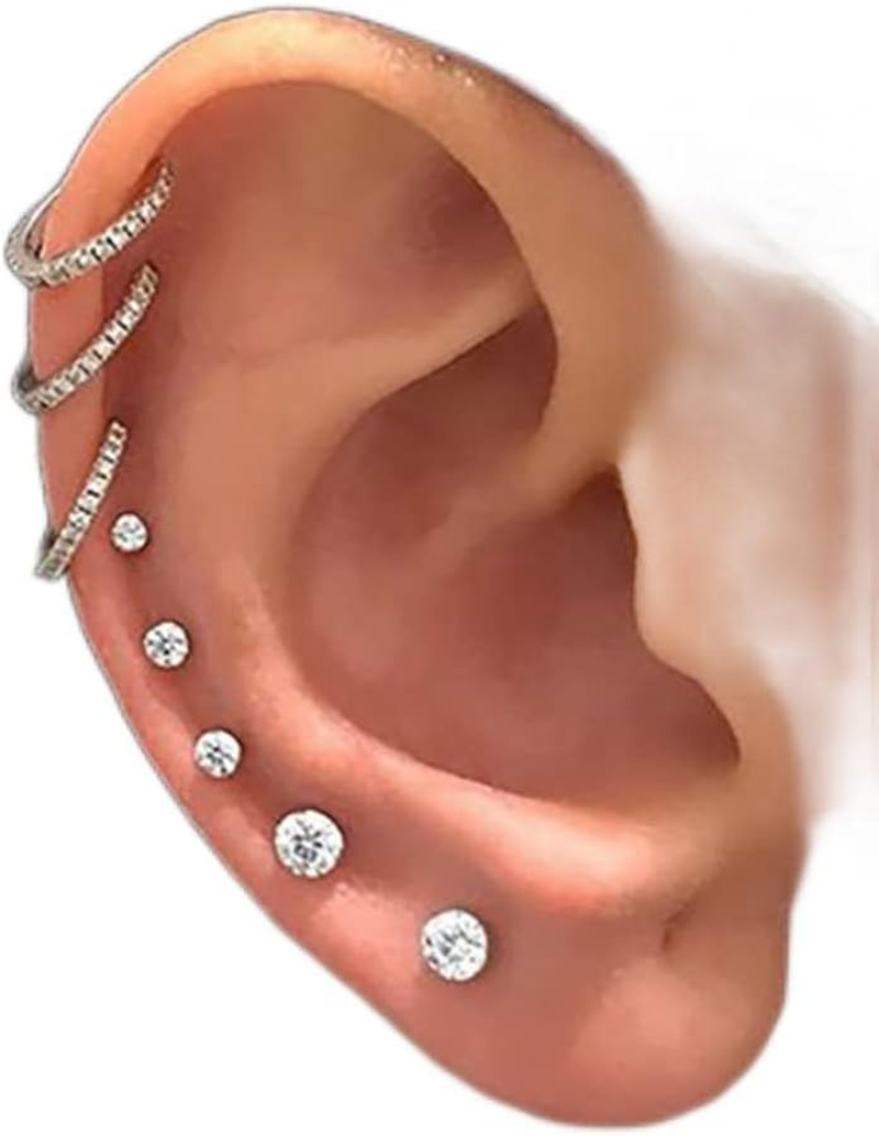 Rhinestone Stud Earrings Set for Women Tiny Huggie Hoops Silver Plated Multiple Piercing Jewelry-image