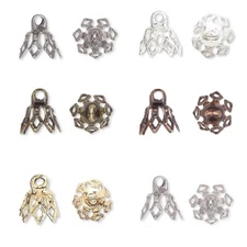 10 Bell Bead End Charm Caps with Loop & 7 Filigree Prong Legs Plated Brass Metal