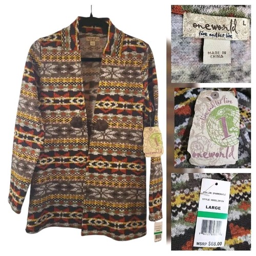 One World Jacke Damen L 12 Azteken Tribal Print Froschverschluss Boho Stehkragen Neu