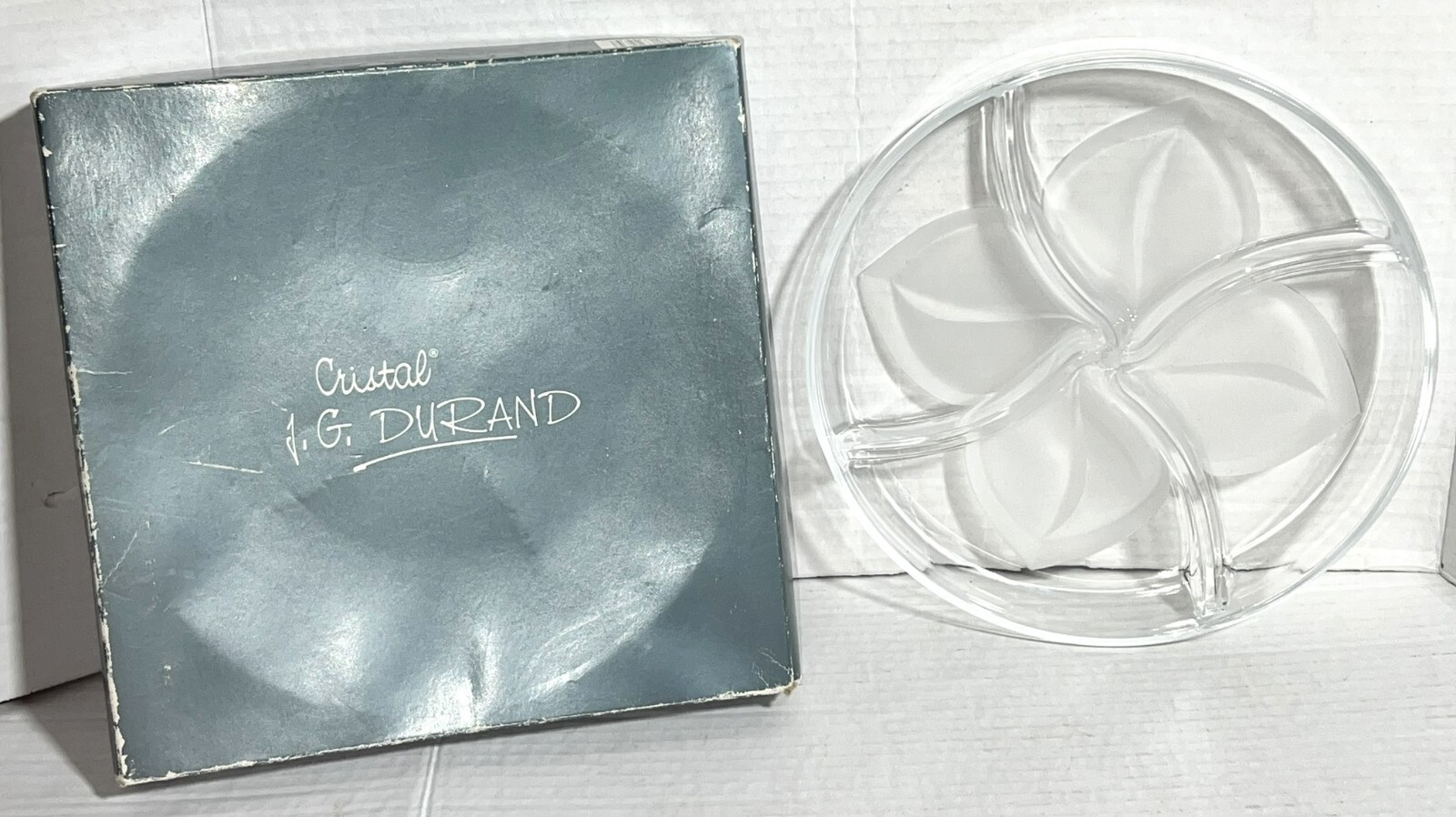 VTG Cristal J.G. Durand France Florence Frosted Crystal Glass 4-Part Relish Dish