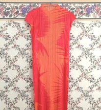 Issey Miyake Pleats Please Inspired Red Leaf Floral Pattern Long Pencil Dress