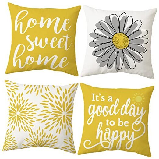 Throw Pillow Cover Farmhouse Geometric Flower - 18 x 18-Inch Yellow and White