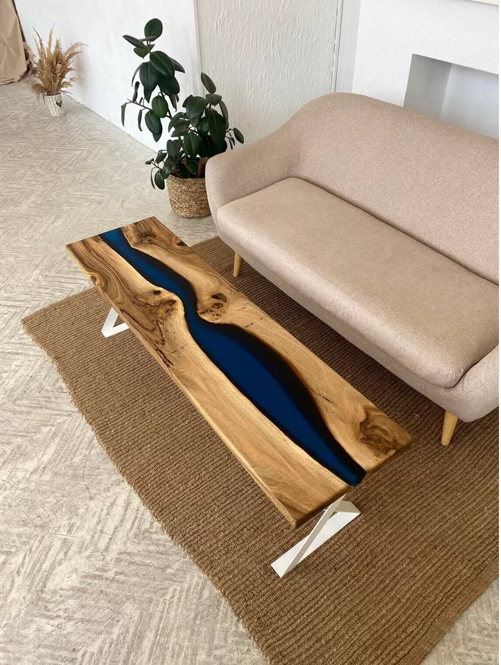 Sofá epoxi de resina azul mesa de centro pedido personalizado borde vivo pasillo granja