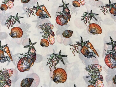 Sea shell sea weed star fish polyester chiffon fabric on beige, 58'' by 20''