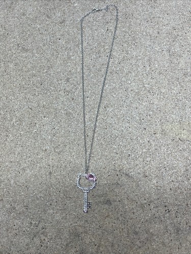 Hello Kitty Silver Tone Chain With Key Pendant Pink Bow - Picture 2 of 2