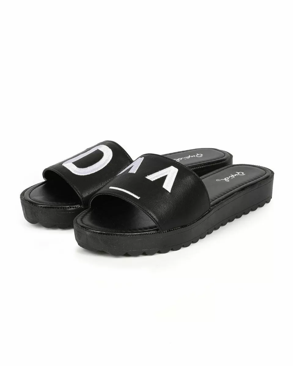 Qupid Glenn 04 Black PU Emoticon Slides Slip On Sandals US 8
