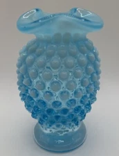 Fenton Art Glass Blue Opalescent Hobnail 4" Crimped Triangle Vase