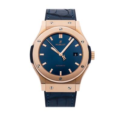 Hublot Classic Fusion Rose Gold Blue Dial 42mm Strap Auto Watch