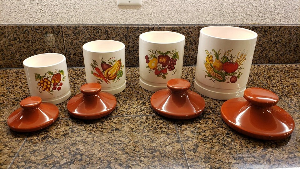 Vtg. Porcelain Canisters 60/70's Vegetables & Fruit Mark Rosenfeld