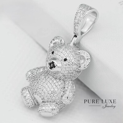 925 Sterling Silver 37mm Teddy Bear Hip Hop Icy Cubic Zirconia Charm*Unisex*BOX
