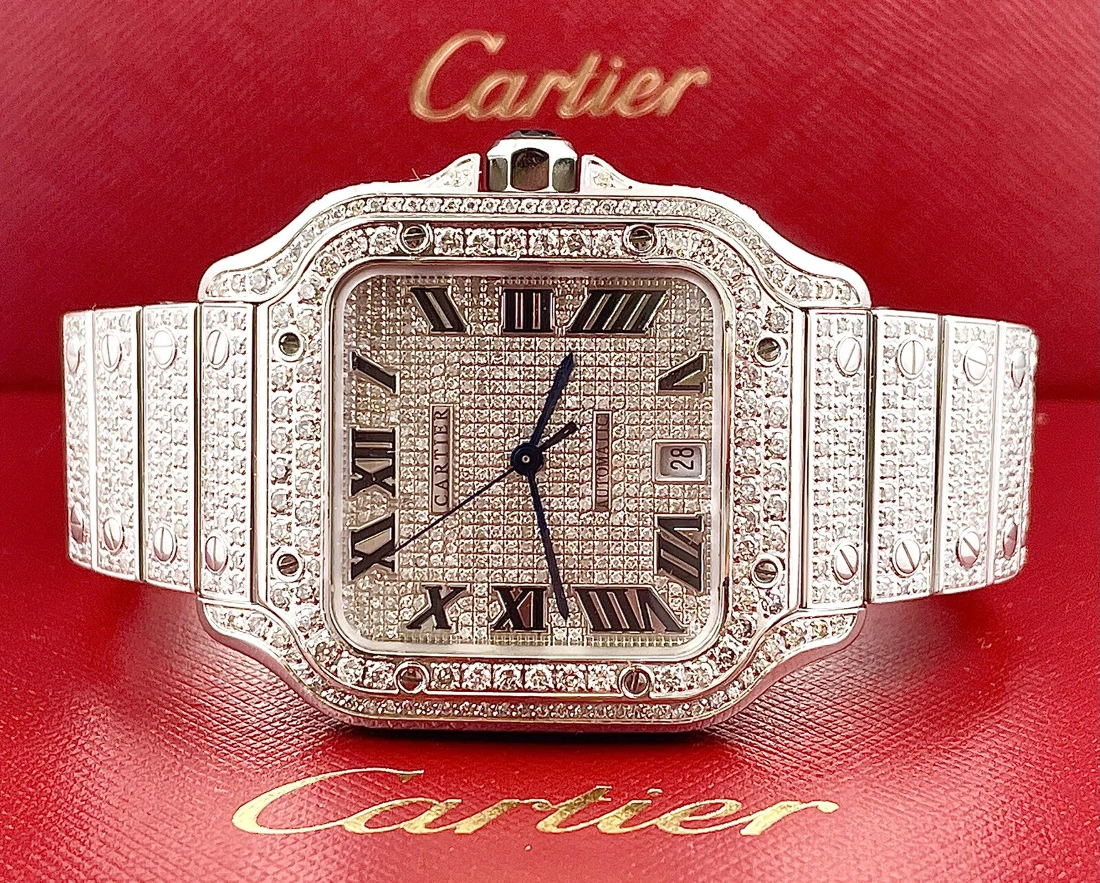 Cartier — Cartier Santos Men's 40mm Large Model Steel Watch Roman Iced Out 10ct Diamonds