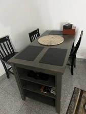 Raised dining table set for 4 with storage shelves and foot rest