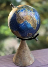 World Globe Blue w/ Gold/ Brown 10” On Light Wood Base Rotating Desk Top Decor.