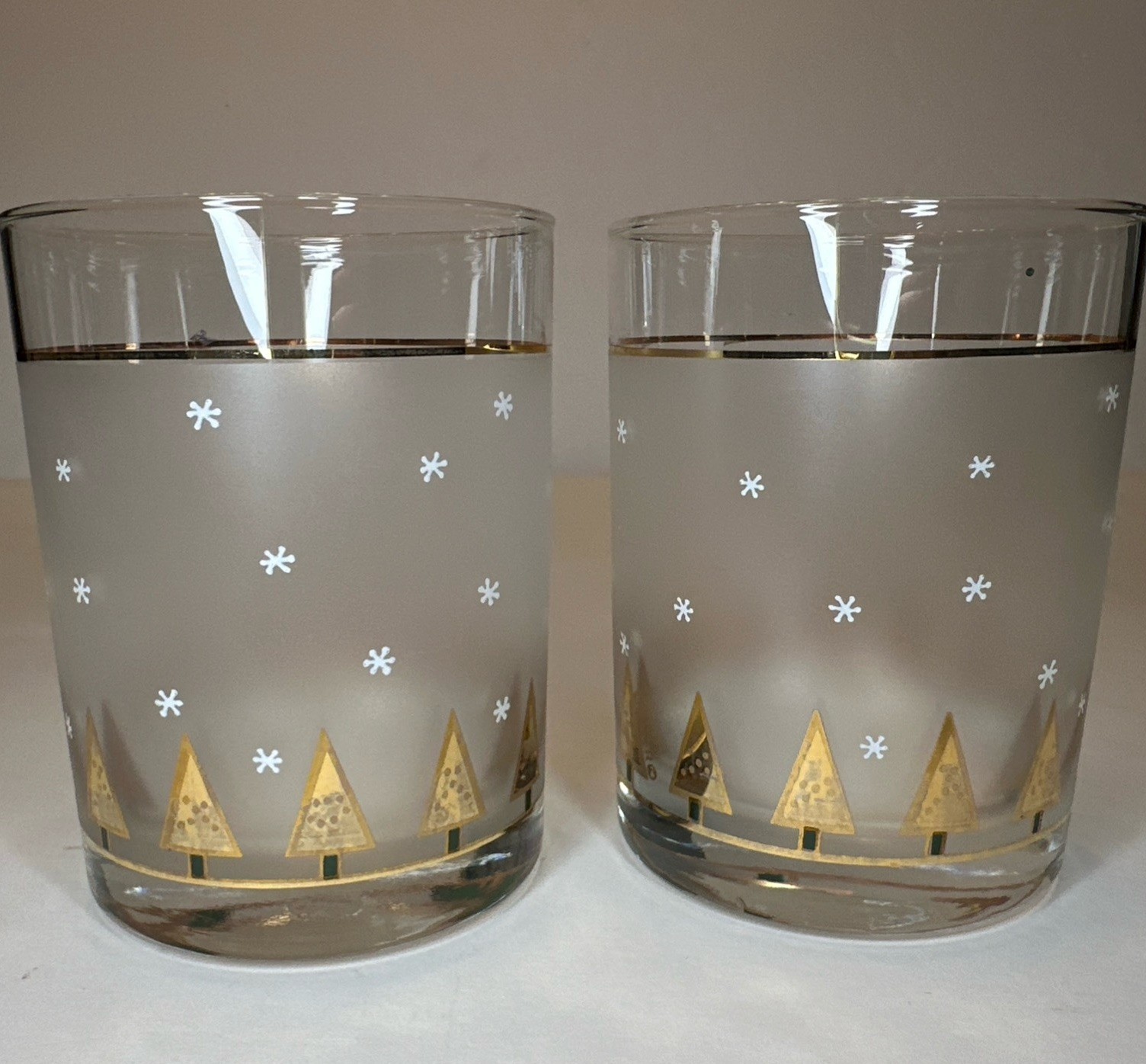 (2) Vintage Culver Double Old Fashion Frosted Gold Christmas Tree Glasses MCM