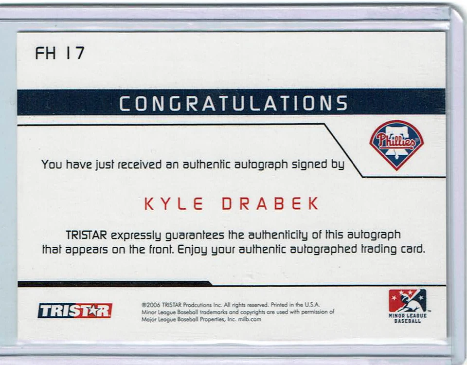 Kyle Drabek 2006 Tristar Prospects Plus Farm Hands Autograph Auto Phillies - Image 2 of 2