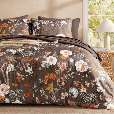 King Size Comforter Set - 7 Pieces Brown Floral Bedding Sets, King Bed in a B...