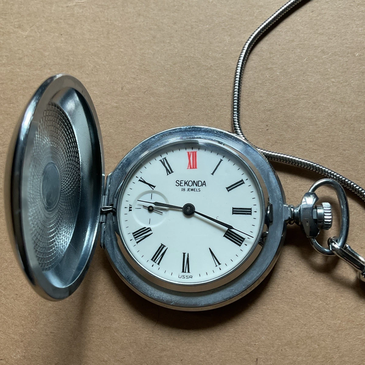 Reloj Bolsillo Sekonda URSS Full Hunter 18 Joyas con Cadena Funciona Bien