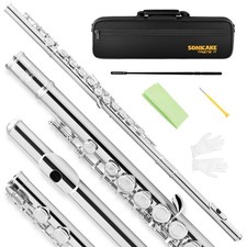 SONICAKE Nickel-plated C Flutes, Closed Hole 16Keys Flute for Beginner Studen...