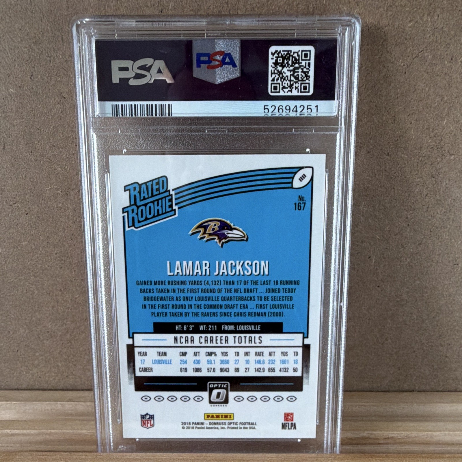 Panini 2018 Donruss Optic Lamar Jackson Rated Rookie #167 Ravens PSA 9 view 2