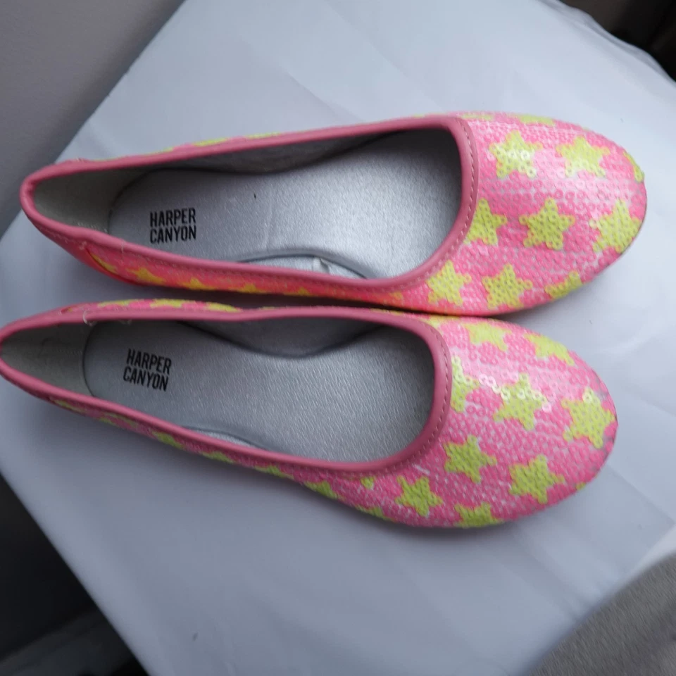 NEW Harper Canyon Ballet Flat Shoes Coral Yellow Stars Girls Size 3 Sequin - Image 3 of 4