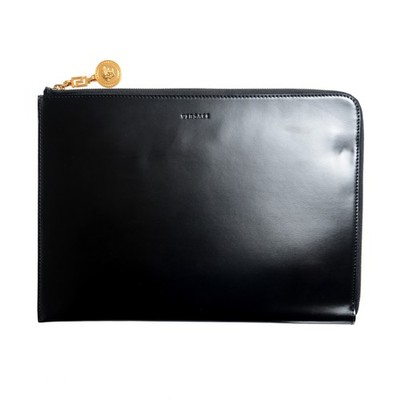 Versace 100% Leather Black Gold Medusa Head Clutch Bag