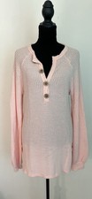 BiBi Pink Waffle Knit Henley Tunic Top Small Long Sleeve Wood Button Cozy Casual