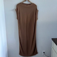 Zara Brown Neutral Light Semi Sheer Boat Neck Dress Small
