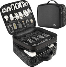 Travel Cable Organizer Bag - Waterproof Double Layer Tech Storage Case, Black