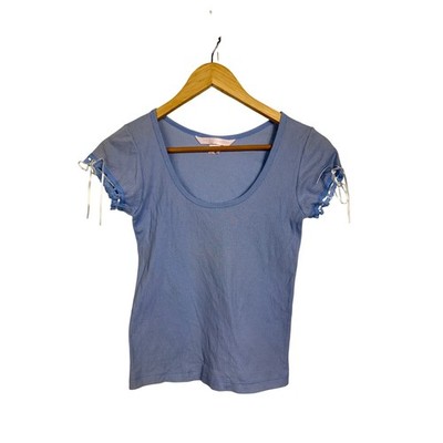 Victoria's Secret Top Women XS Blue Baby Tee Vintage Ribbed Lace Ribbon Coquette