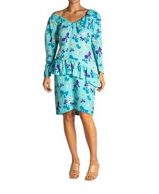 1980S YVES SAINT LAURENT Aqua Blue Silk Bow Print Dress With Ruffles