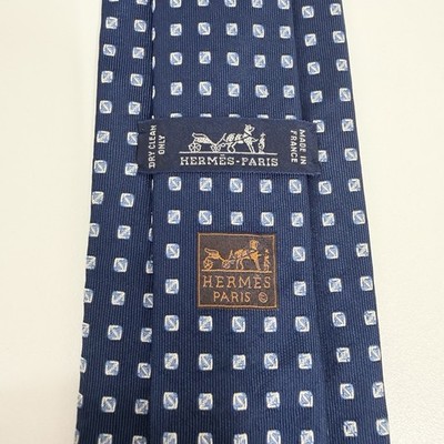 Hermes Men's Recent Tie Navy Geometric Jacquard Silk 3 1/8'' (W) x 59.5'' (L) euc