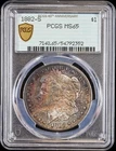 1882-S PCGS MS65 Morgan Silver Dollar Rainbow Toned  Gem BU 40th Anniv Label