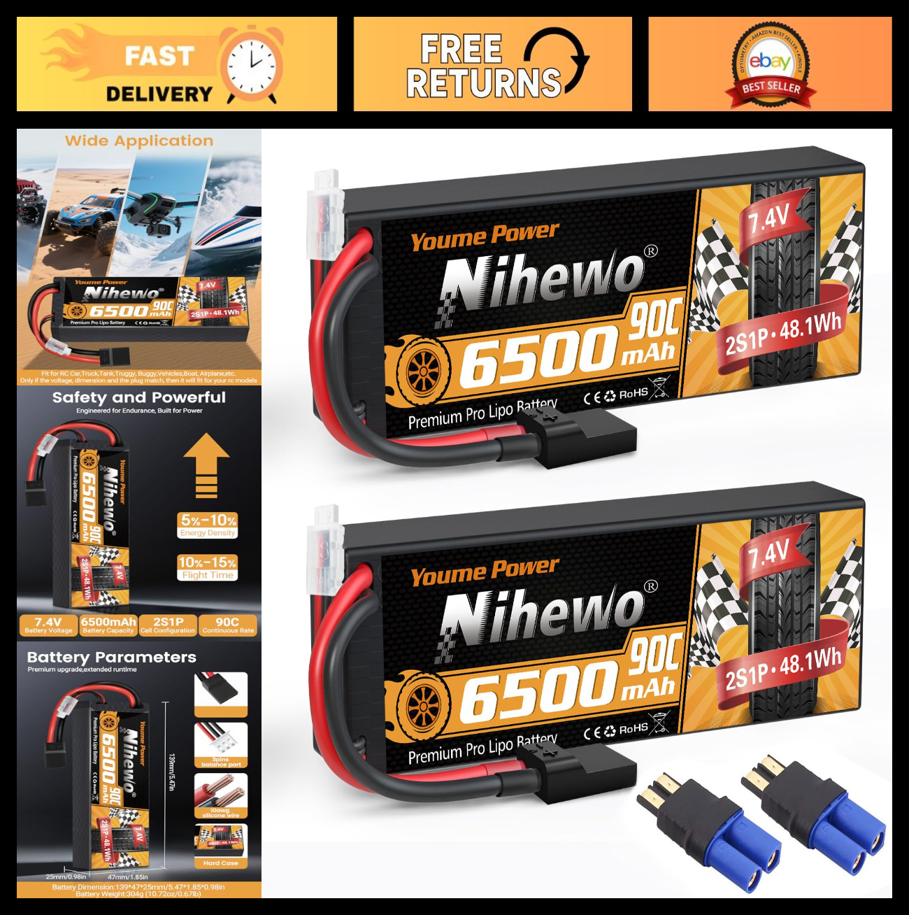 High-Capacity 6500mAh 7.4V 90C Lipo Battery Pack for RC Cars, Trucks, Boats & Ai