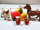 Vintage Fisher Price Little People Cowboy 10 gallon hat tractor cow chickens lot