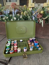 Vintage Wil-Hold Thread Box Avocado Green Sewing Organizer Caddy Storage