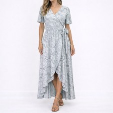 Ivy City Co Flutter Sleeve Faux Wrap Dress Silver Sage Botanical Print Size XS