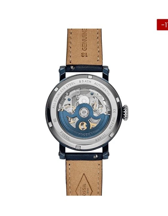 FOSSIL Automatic Watch Analog/Leather Navy Blue Clear Glass Silver Metal me3136 - image 4 of 4