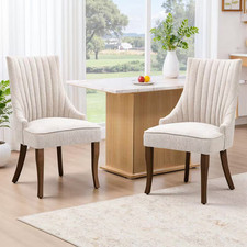 Luxurious Beige Linen Dining Chairs Set of 2, Channel Tufted Upholstered Dining