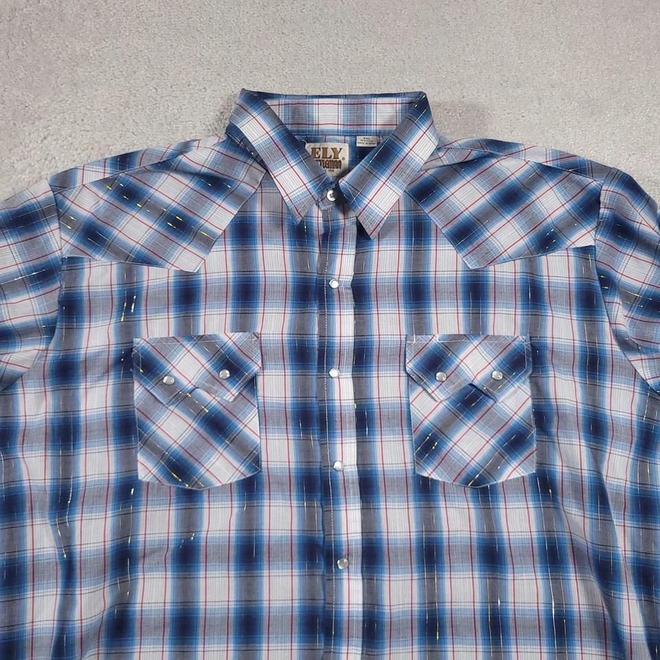 Ely Cattleman Shirt Mens 2XL Blue Plaid Short Sleeve Western Pearl Snap Cowboy - Image 3 of 4