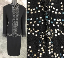 BEAUTIFUL St John evening knit black blue rhinestone embellished skirt suit 10