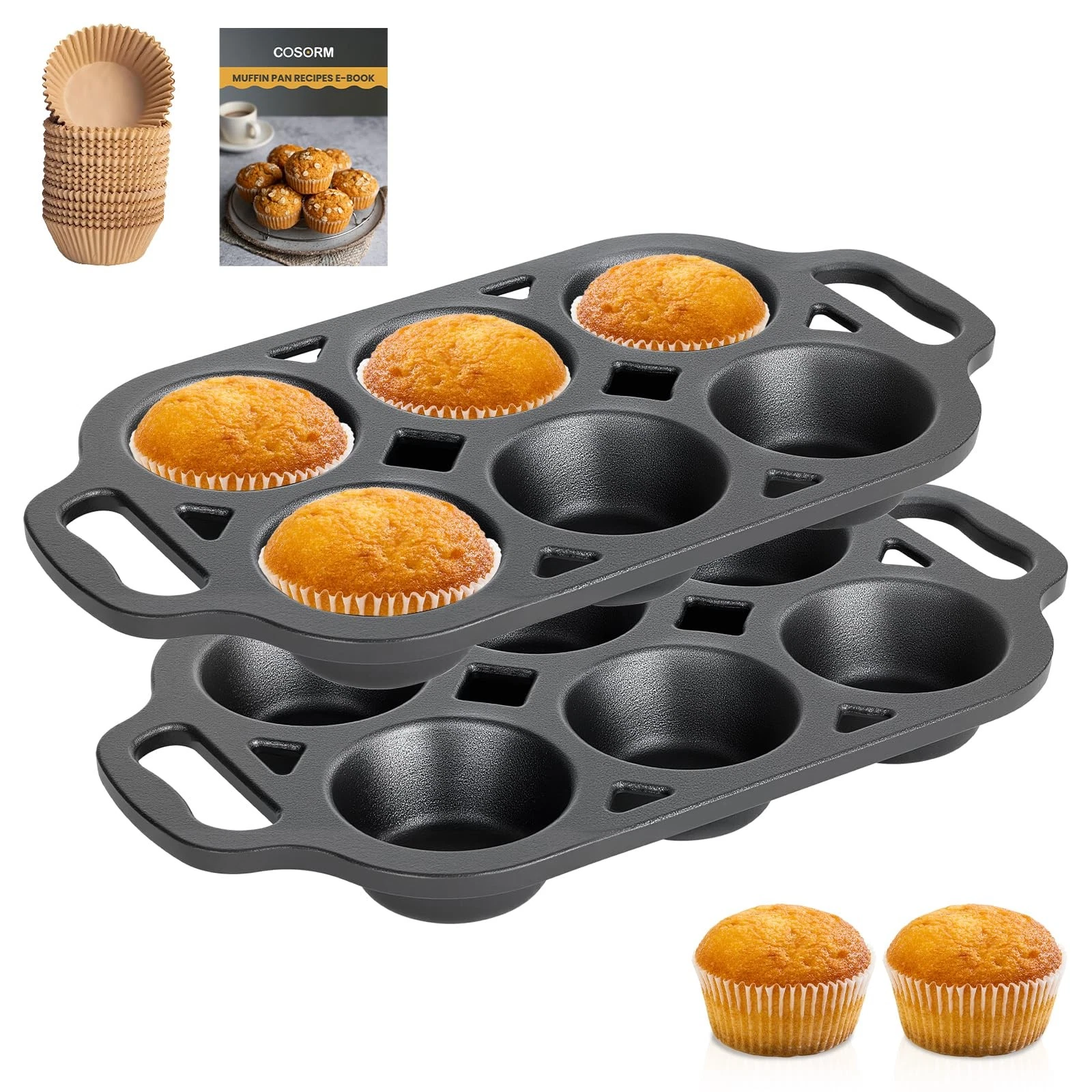 COSORM Pre-Seasoned Cast Iron Muffin Pan - 6-Cup Regular 6-Cup（2PCS), Black